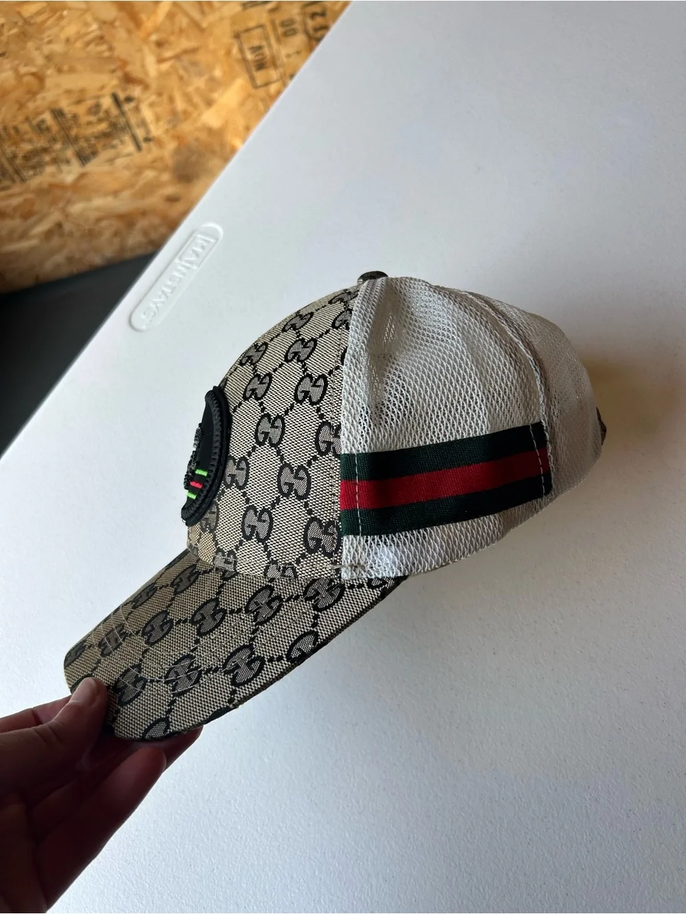 Canvas Baseball Cap with Black Bee Patch and Green-Red Stripe